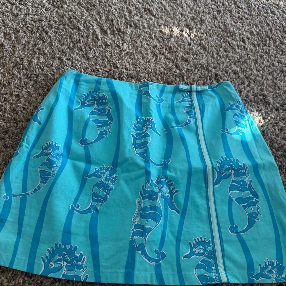 Lilly Pulitzer Seahorse Print Mini Skirt Turquoise Blue Cotton Blend Size 4